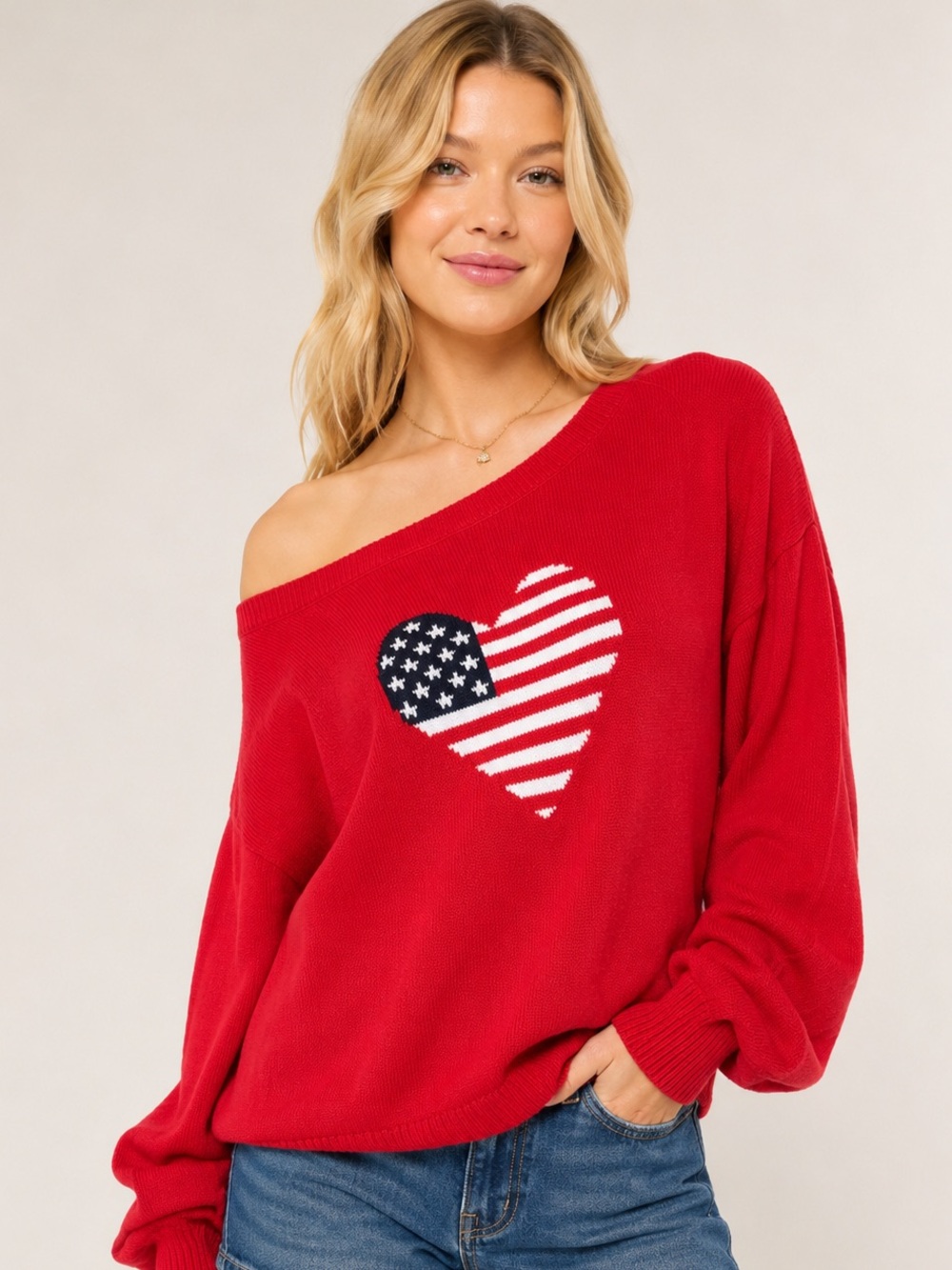 Hollister American Flag Heart Boat Neck Sweater Red Size XS